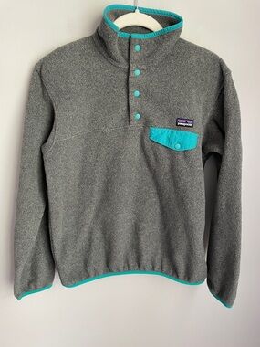 Patagonia Women’s Gray Synchilla Fleece Snap T Pullover with Teal Trim Small